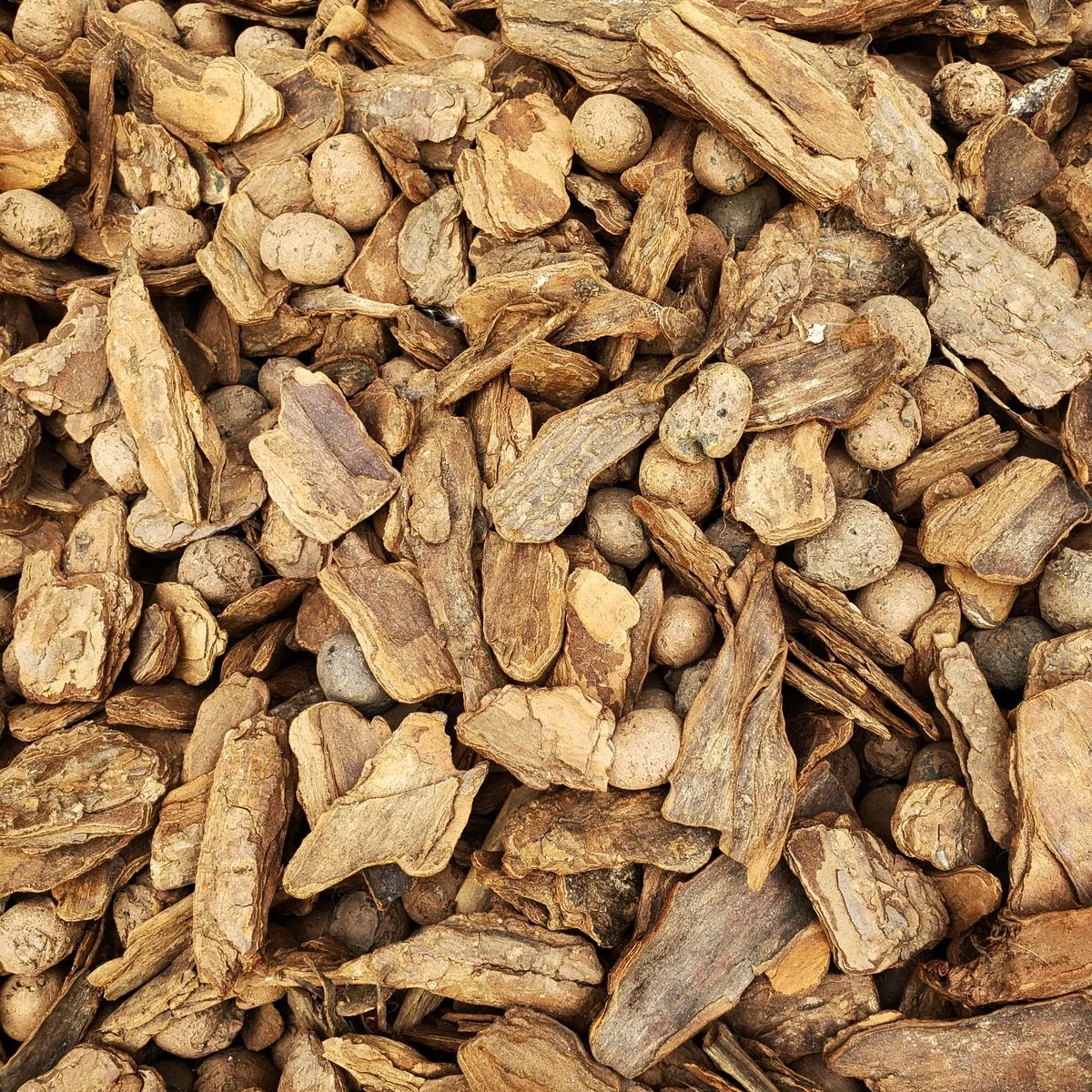 Nahaufnahme von naturbelassenem Rindenmulch aus Nadelholzrinde